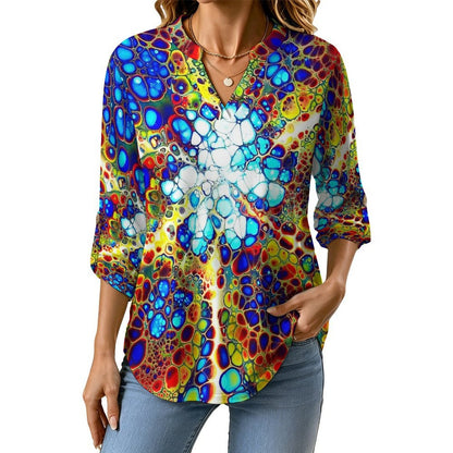 Stand-up Collar Long-sleeved Shirt Pattern  Customization Women’s V-Neck Blouses,long Sleeve,Roll-Up Sleeve Shirt