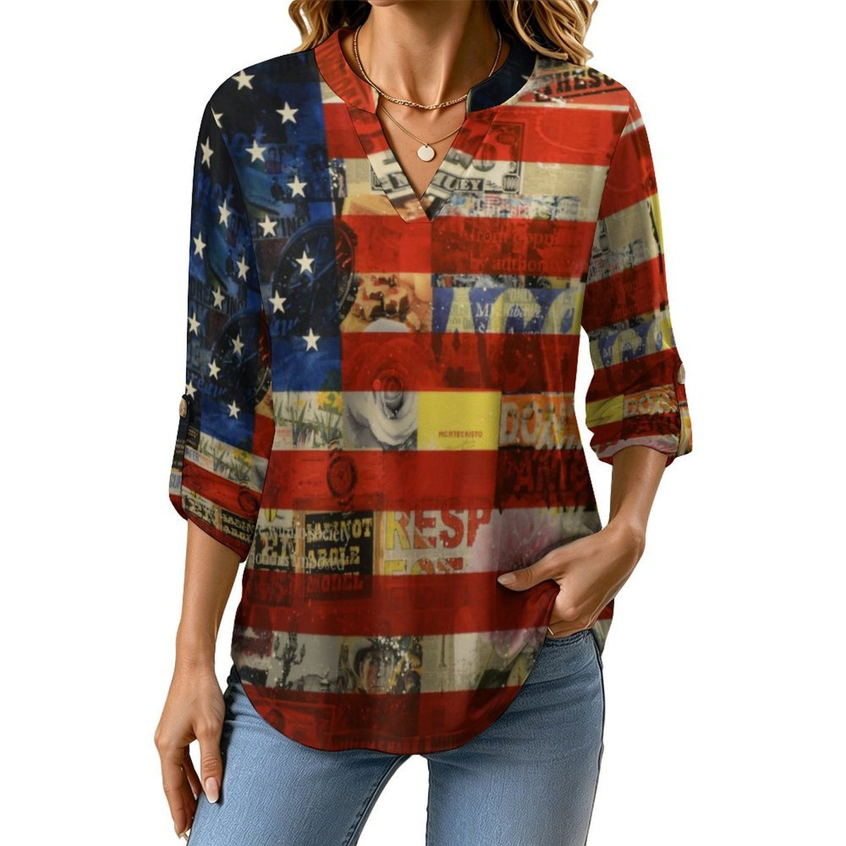 Stand-up Collar Long-sleeved Shirt National Flag, History, War  Customization Women’s V-Neck Blouses,long Sleeve,Roll-Up Sleeve Shirt