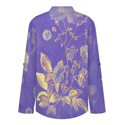 Stand-up Collar Long-sleeved Shirt Purple, Chinese Style, Flower Pattern  Customization Women’s V-Neck Blouses,long Sleeve,Roll-Up Sleeve Shirt