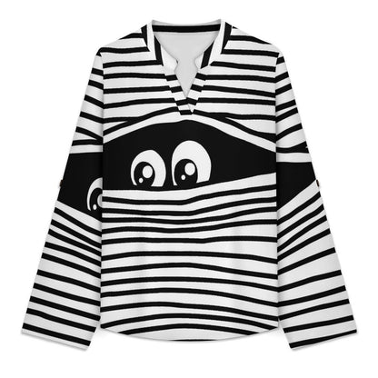 Stand-up Collar Long-sleeved Shirt Line Eye Peek  Customization Women’s V-Neck Blouses,long Sleeve,Roll-Up Sleeve Shirt
