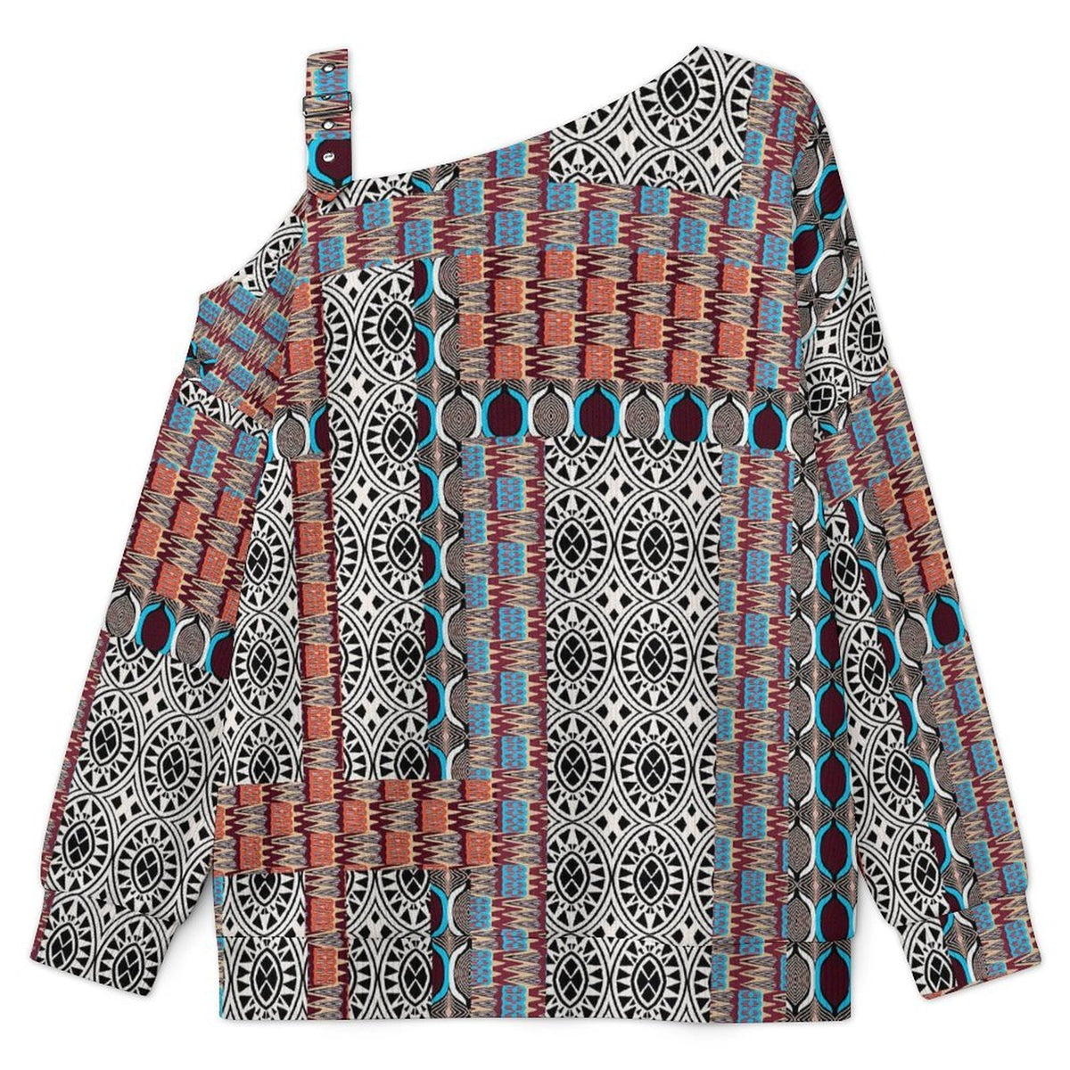 Off-the-shoulder Sweater European Retro Pattern  Asymmetric Cold Shoulder Knit Sweater for Women, Adjustable Buckle Strap Long Sleeve Casual Slouchy Pullover
