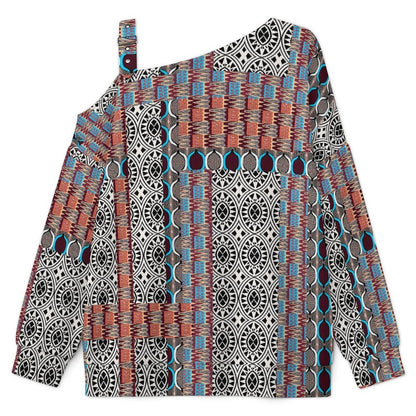 Off-the-shoulder Sweater European Retro Pattern  Asymmetric Cold Shoulder Knit Sweater for Women, Adjustable Buckle Strap Long Sleeve Casual Slouchy Pullover