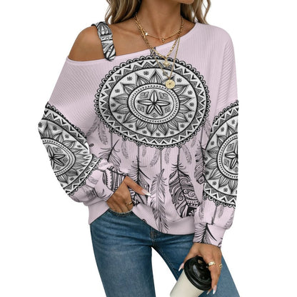 Off-the-shoulder Sweater Boho Style  Asymmetric Cold Shoulder Knit Sweater for Women, Adjustable Buckle Strap Long Sleeve Casual Slouchy Pullover