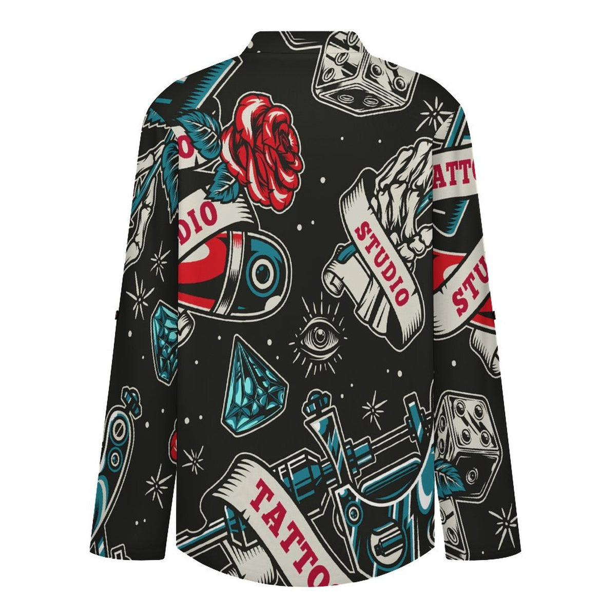 Retro Pattern, Skeleton, Rose  Women Curved Hem V Neck Roll Sleeve Casual Work Top