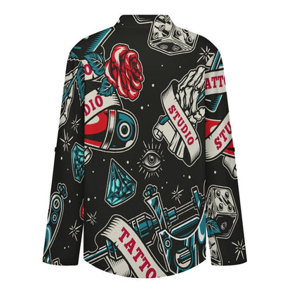 Retro Pattern, Skeleton, Rose  Women Curved Hem V Neck Roll Sleeve Casual Work Top