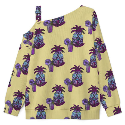 Purple Pineapple, Beverage, Pattern Buckle Strap Asymmetrical Off Shoulder Knit Sweater