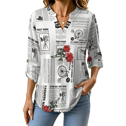 Versatile Notched V-Neck Tunic  Roll Tab 3/4 Sleeve Office Casual Top  Newspaper  Red Rose