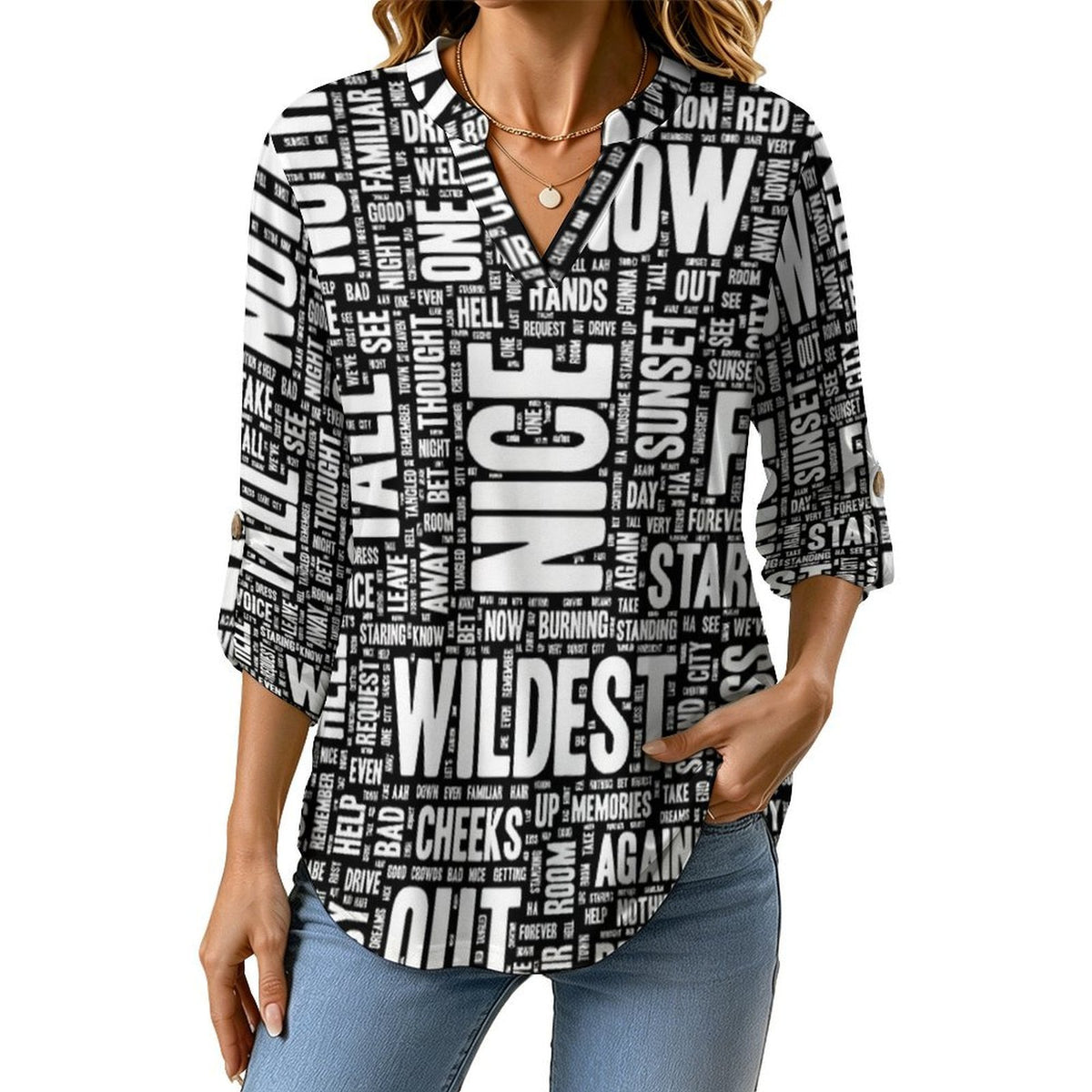 Versatile Notched V-Neck Tunic | Roll Tab 3/4 Sleeve Office Casual Top  Words Pattern