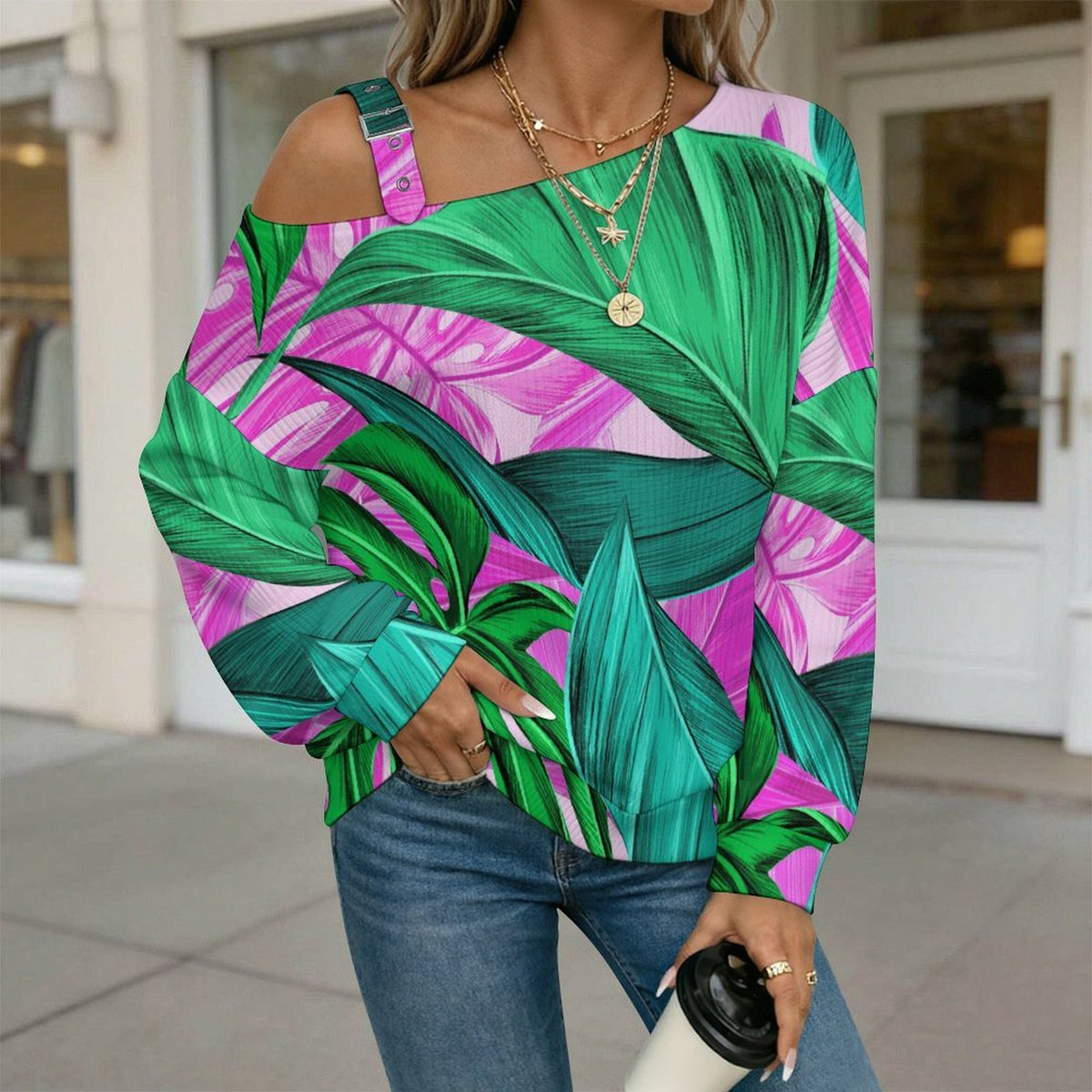Hemp Leaf Pattern, Summer Buckle Strap Asymmetrical Off Shoulder Knit Sweater