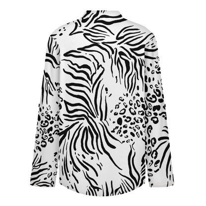 Women's Notched V Neck Tunic Tops, Roll Up 3/4 Sleeve Button Cuff Casual Blouse, Hem Loose Work Shirts  Tiger Pattern, Repeating Pattern