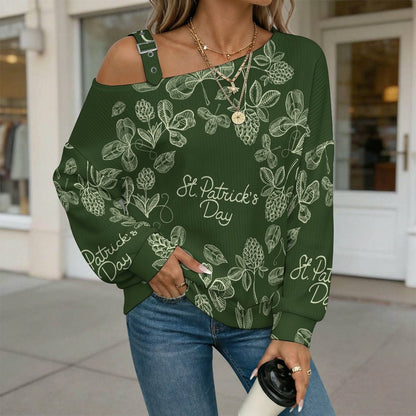 St. Patrick's Day, Wreath Fall Casual Asymmetric Shoulder Knit Top with Buckle Detail