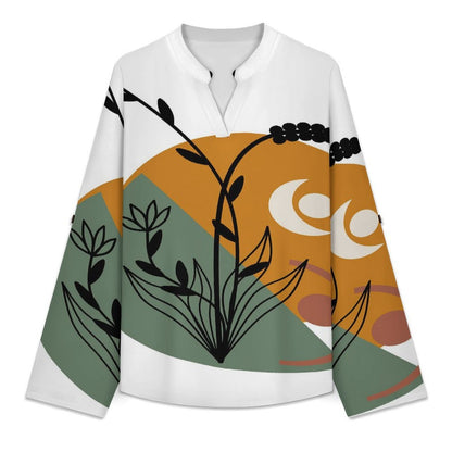Chinese Wind Scenery  Versatile Notched V-Neck Tunic | Roll Tab 3/4 Sleeve Office Casual Top