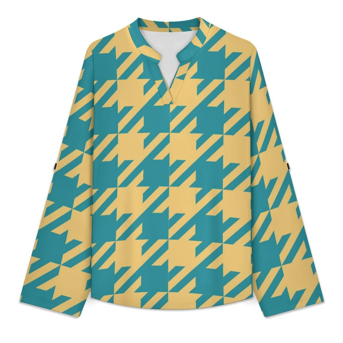 Versatile Notched V-Neck Tunic | Roll Tab 3/4 Sleeve Office Casual Top  Tartan Dresses Are Retro