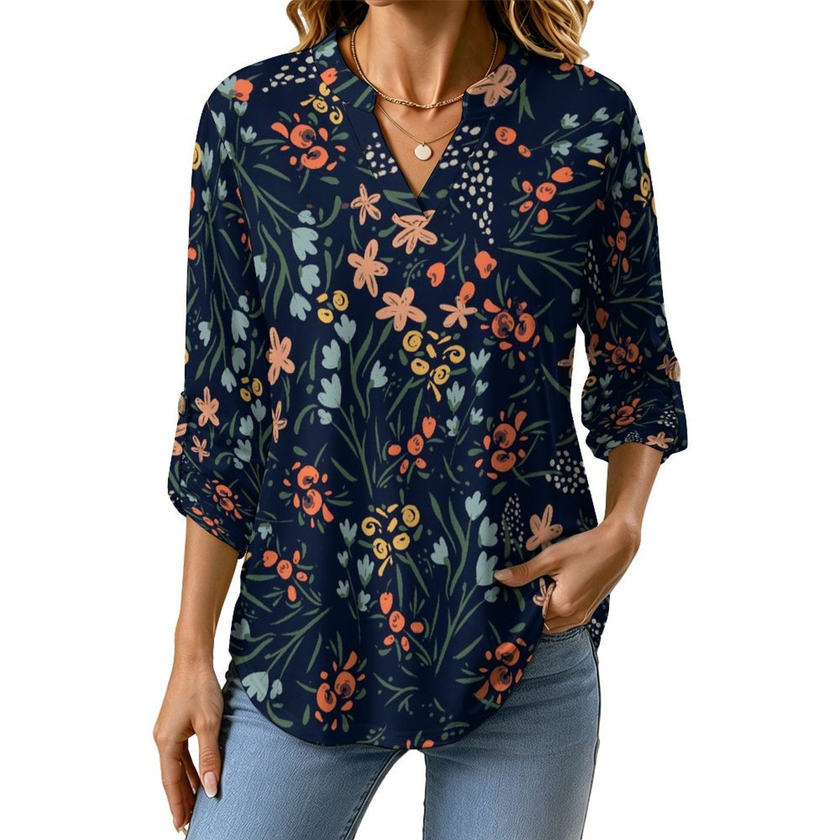 Flower Pattern Roll Tab 3/4 Sleeve Notched V Neck Tunic Blouse