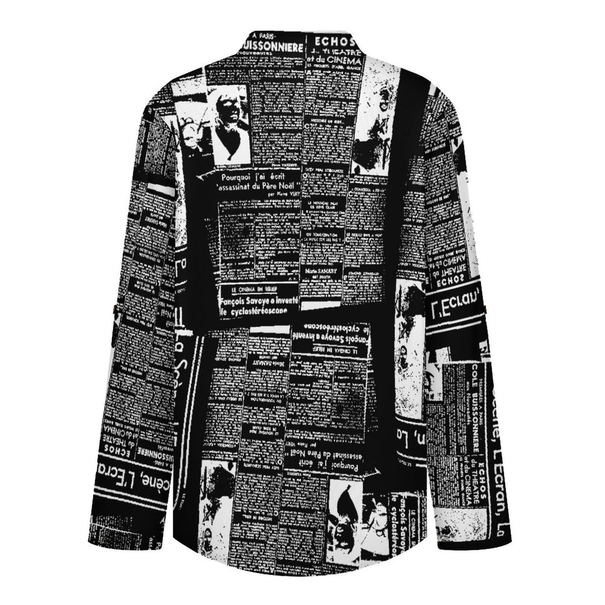 Stand-up Collar Long-sleeved Shirt Newspaper Vintage Dress white S Women’s V-Neck Blouses