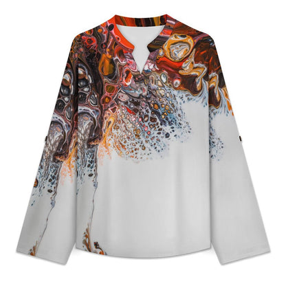 Versatile Notched V-Neck Tunic | Roll Tab 3/4 Sleeve Office Casual Top  Vintage Watercolor Pattern