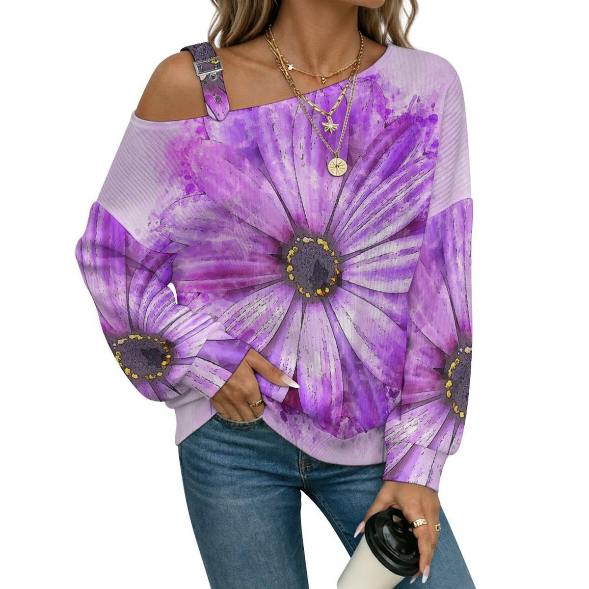 Women’s Off-Shoulder Knit Sweater Purple Flowers