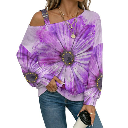Women’s Off-Shoulder Knit Sweater Purple Flowers