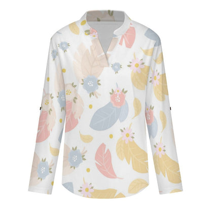 Women's Notched V Neck Tunic Tops, Roll Up 3/4 Sleeve Button Cuff Casual Blouse, Hem Loose Work Shirts  Colored Leaves