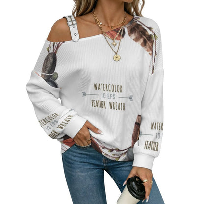 Feathers Fall Casual Asymmetric Shoulder Knit Top with Buckle Detail