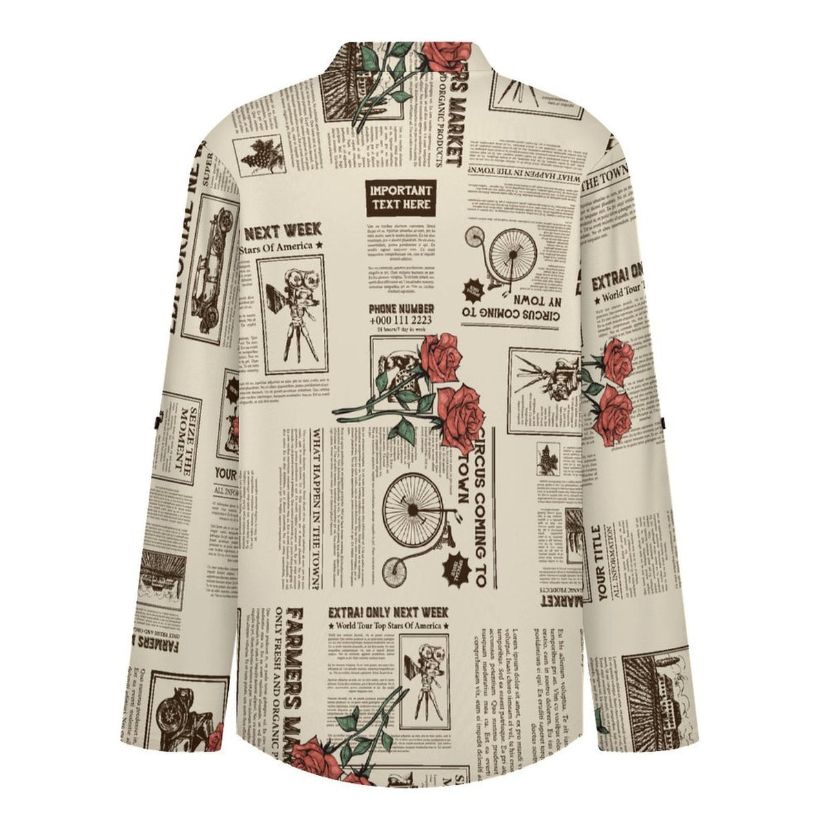 Versatile Notched V-Neck Tunic  Roll Tab 3/4 Sleeve Office Casual Top  Yellow Newspaper  Red Rose