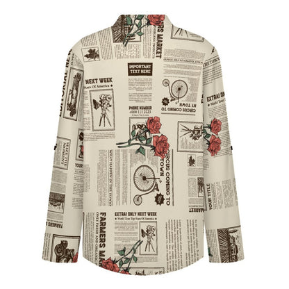 Versatile Notched V-Neck Tunic  Roll Tab 3/4 Sleeve Office Casual Top  Yellow Newspaper  Red Rose