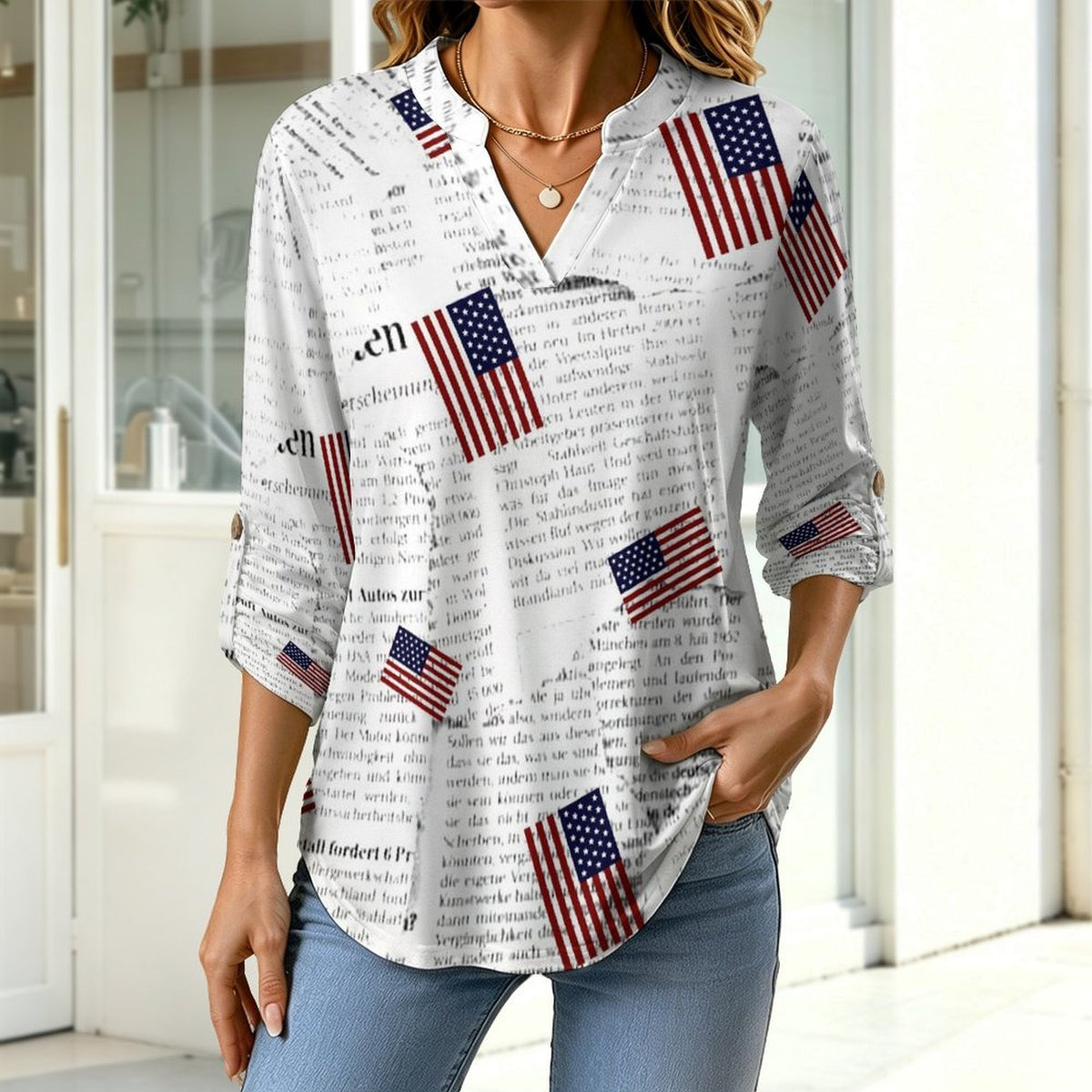 Newspaper, Repeating Pattern  Versatile Notched V-Neck Tunic | Roll Tab 3/4 Sleeve Office Casual Top