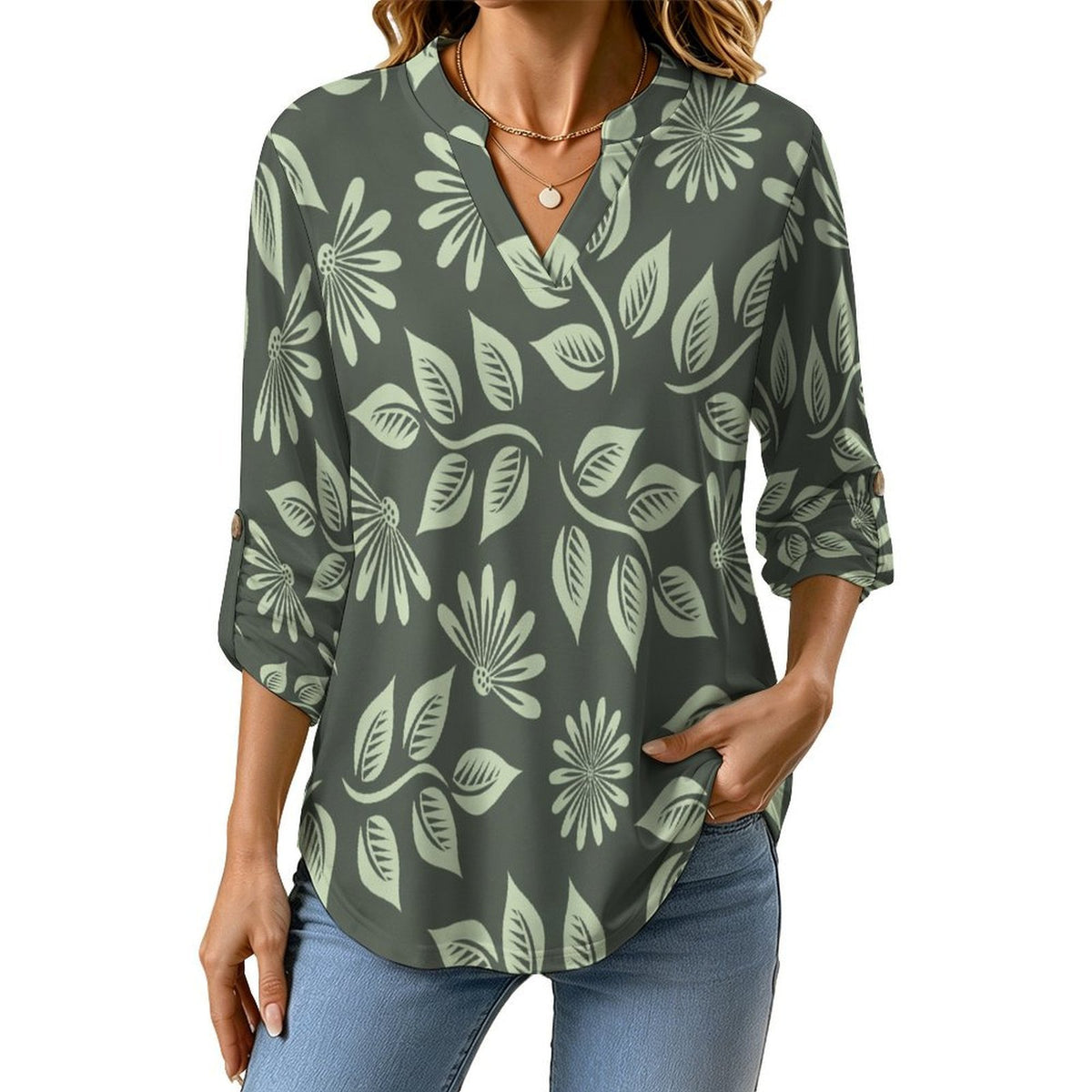 Green Sunflower Leaves  Versatile Notched V-Neck Tunic | Roll Tab 3/4 Sleeve Office Casual Top