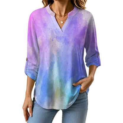 Color, Dazzling Color  Versatile Notched V-Neck Tunic | Roll Tab 3/4 Sleeve Office Casual Top