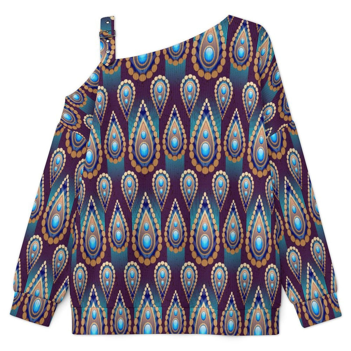 Fall Casual Asymmetric Shoulder Knit Top with Buckle Detail Retro Water Drop Pattern