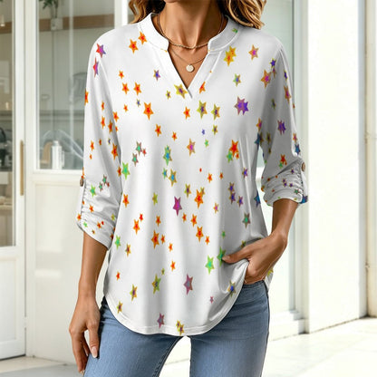 Colored Stars Roll Tab 3/4 Sleeve Notched V Neck Tunic Blouse