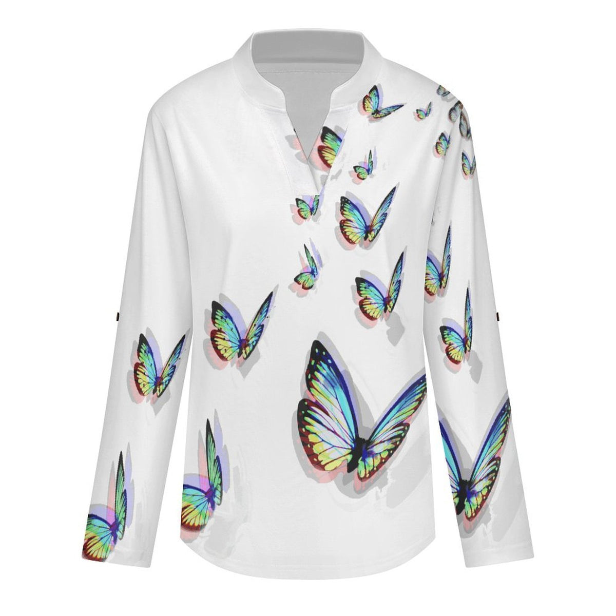 Colorful Butterfly  Versatile Notched V-Neck Tunic | Roll Tab 3/4 Sleeve Office Casual Top