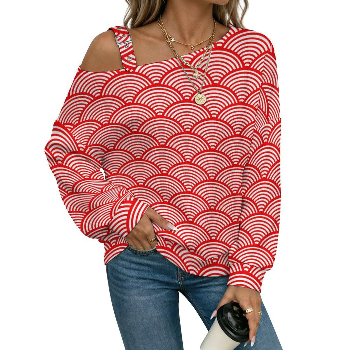 Fall Casual Asymmetric Shoulder Knit Top with Buckle Detail Red Stripe, Scale Pattern