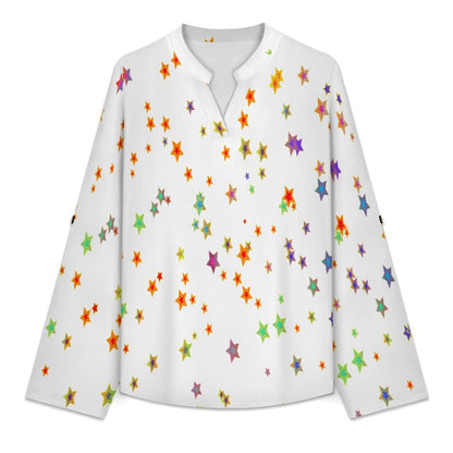 Colored Stars Roll Tab 3/4 Sleeve Notched V Neck Tunic Blouse