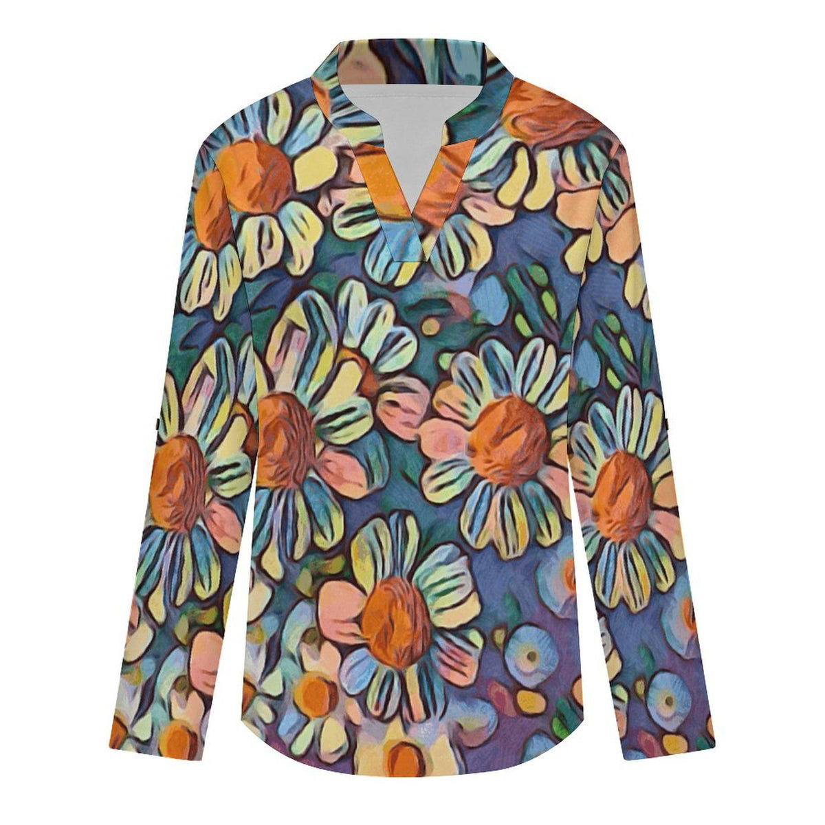 Oil Painting, Flowers, Sunflowers  Versatile Notched V-Neck Tunic | Roll Tab 3/4 Sleeve Office Casual Top