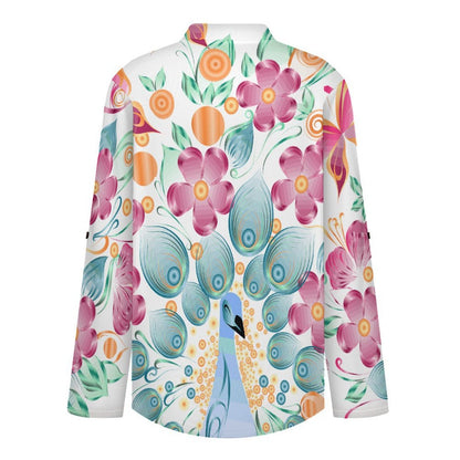 Peacock Butterfly Flower  Versatile Notched V-Neck Tunic | Roll Tab 3/4 Sleeve Office Casual Top