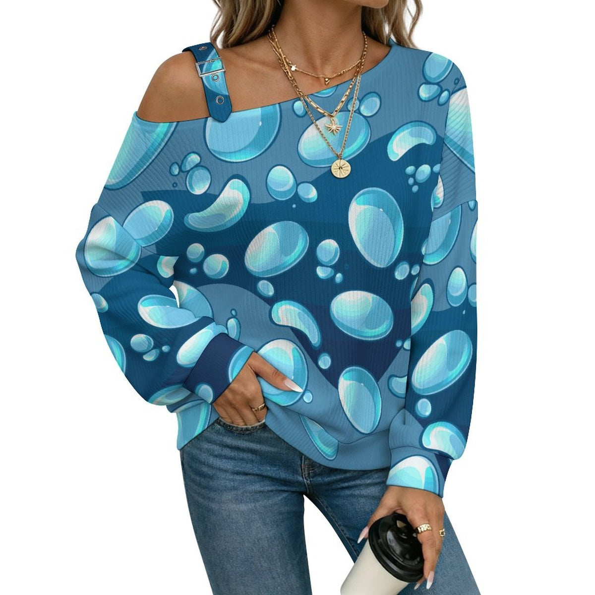 Blue Water Droplets Fall Casual Asymmetric Shoulder Knit Top with Buckle Detail