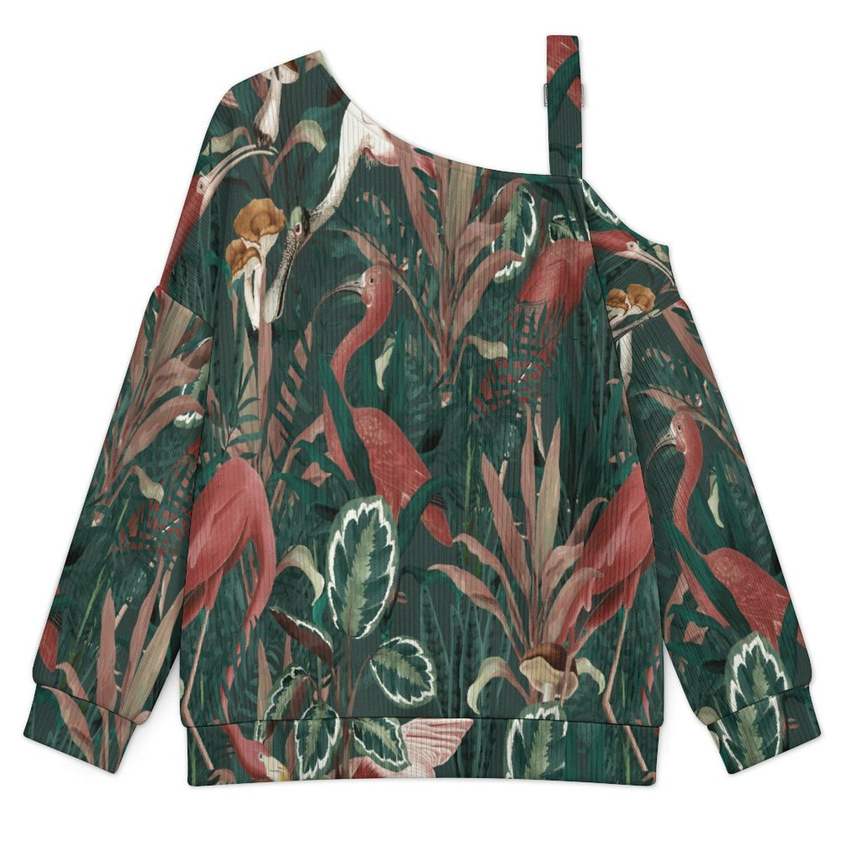 Birds, Animals, Leaves, Patterns Fall Casual Asymmetric Shoulder Knit Top with Buckle Detail