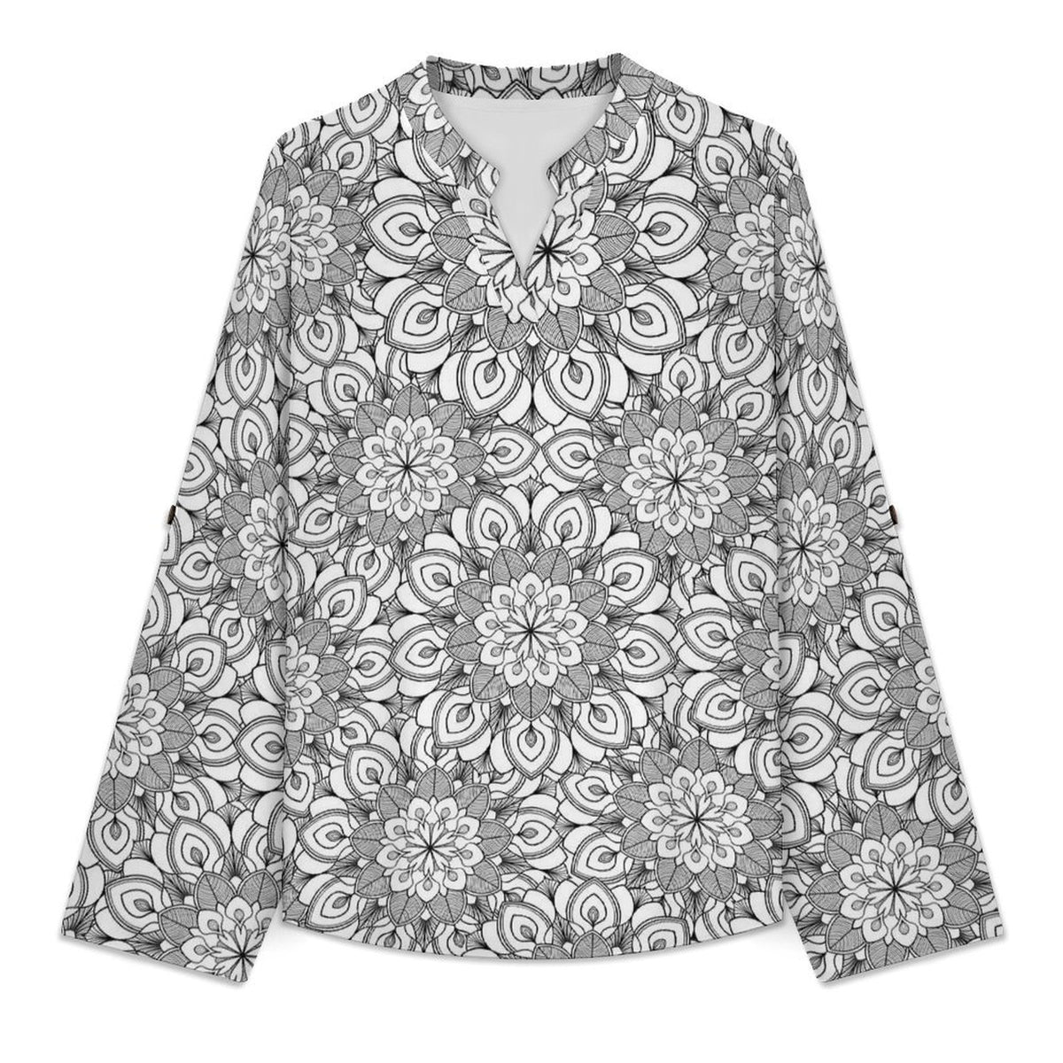 Mandala Flower, Repeating Pattern Roll Tab 3/4 Sleeve Notched V Neck Tunic Blouse