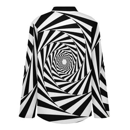 Black And White Interleaving Pattern Roll Tab 3/4 Sleeve Notched V Neck Tunic Blouse