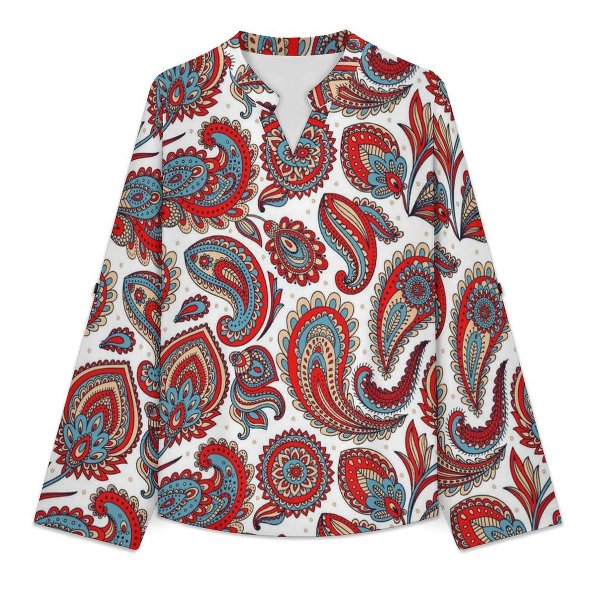 Paisley  Women Curved Hem V Neck Roll Sleeve Casual Work Top