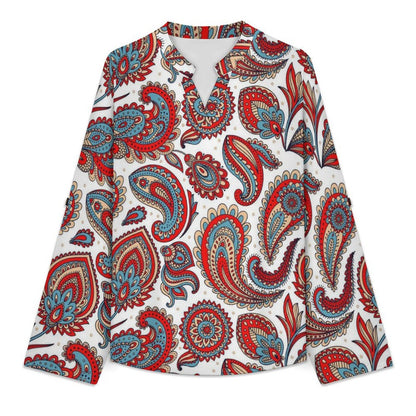 Paisley  Women Curved Hem V Neck Roll Sleeve Casual Work Top