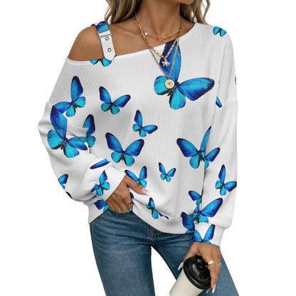 Women’s Off-Shoulder Knit Sweater Blue Butterfly in My Dream