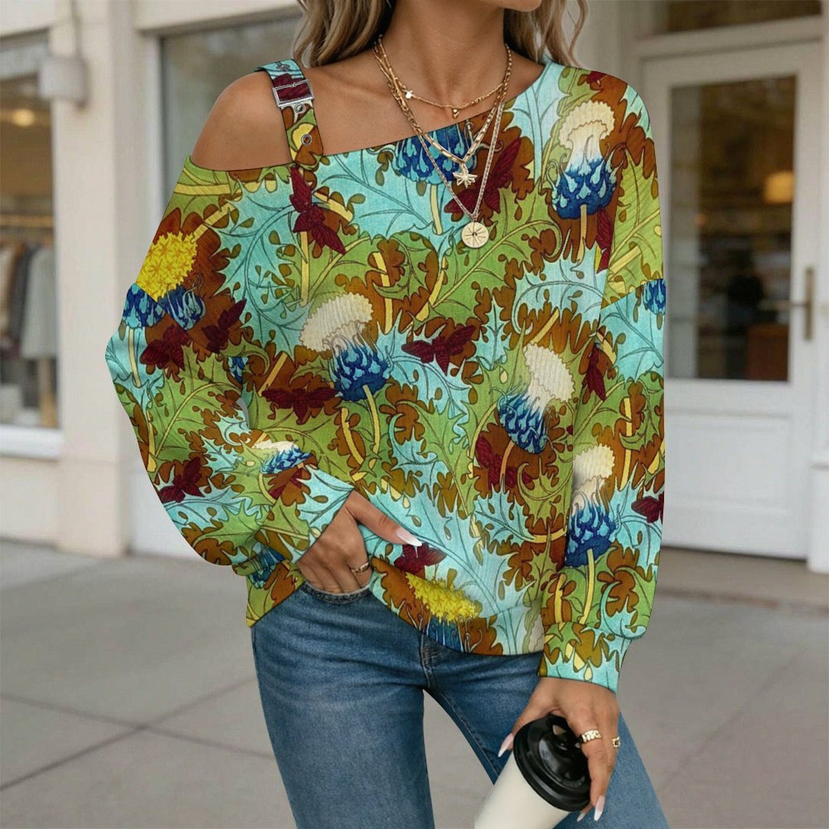Vintage Flower Pattern Buckle Strap Asymmetrical Off Shoulder Knit Sweater