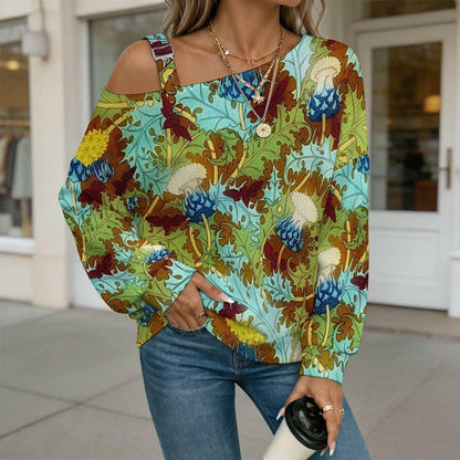 Vintage Flower Pattern Buckle Strap Asymmetrical Off Shoulder Knit Sweater