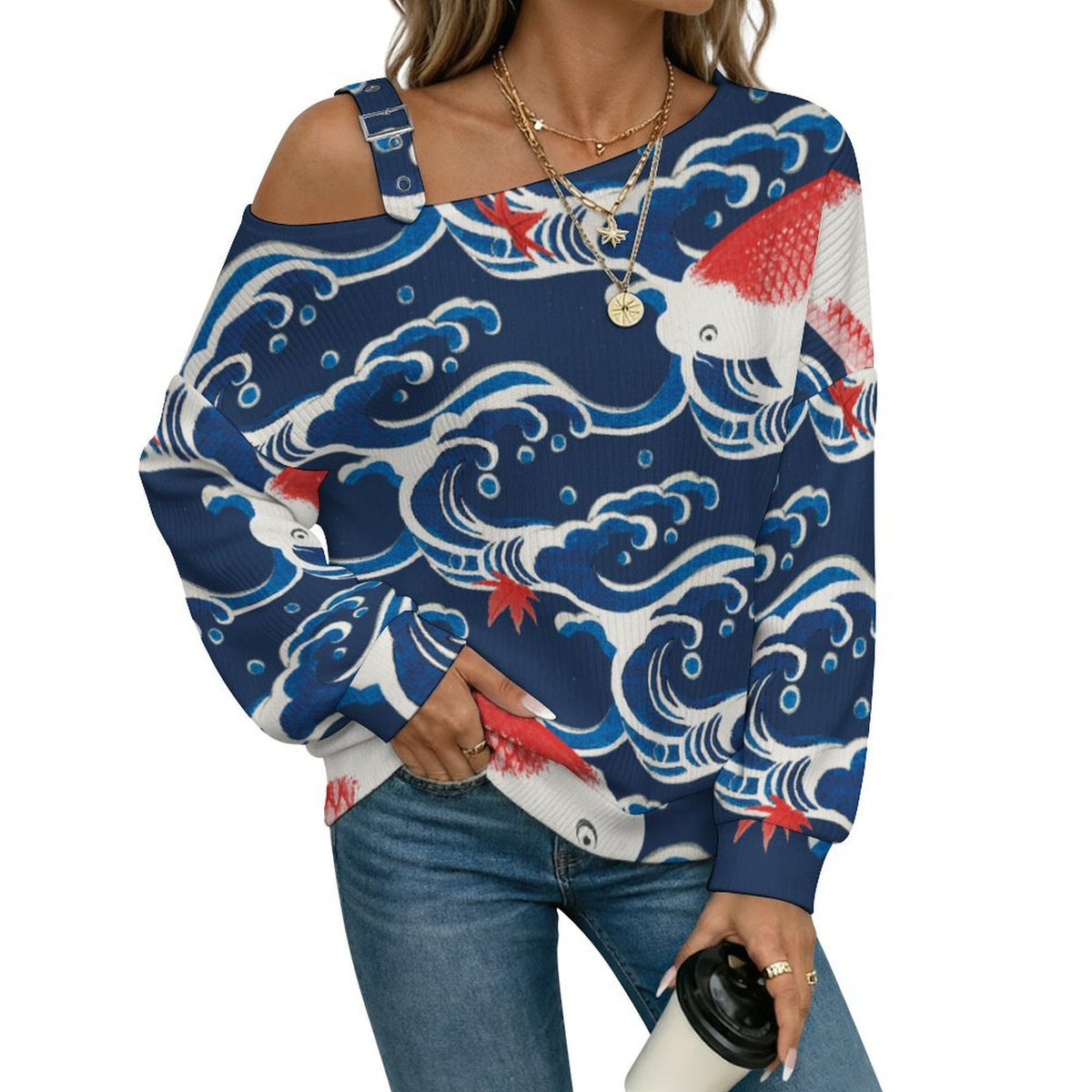 Women’s Off-Shoulder Knit Sweater Chinese Wind, Waves, Fish