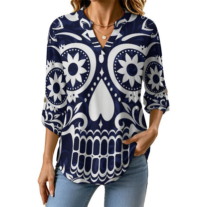Skul,folk-customl  Versatile Notched V-Neck Tunic | Roll Tab 3/4 Sleeve Office Casual Top