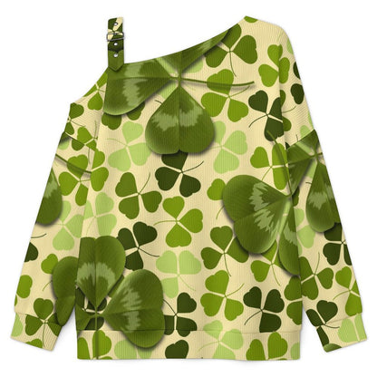 St Patrick, Clover, Green Buckle Strap Asymmetrical Off Shoulder Knit Sweater