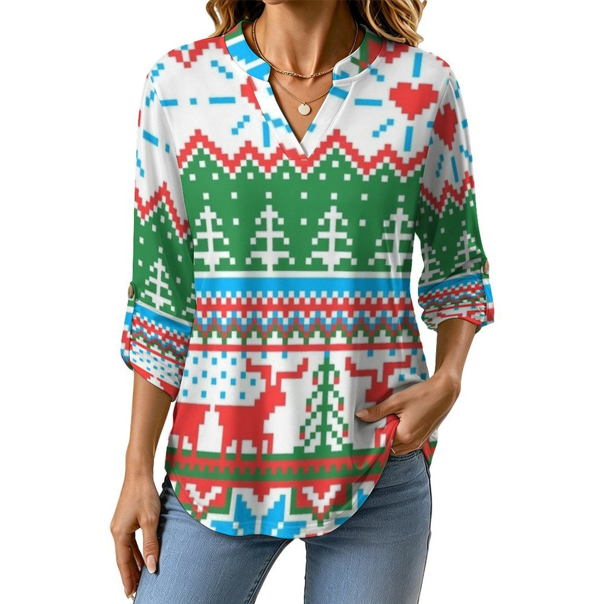 Versatile Notched V-Neck Tunic  Roll Tab 3/4 Sleeve Office Casual Top  Christmas Pattern