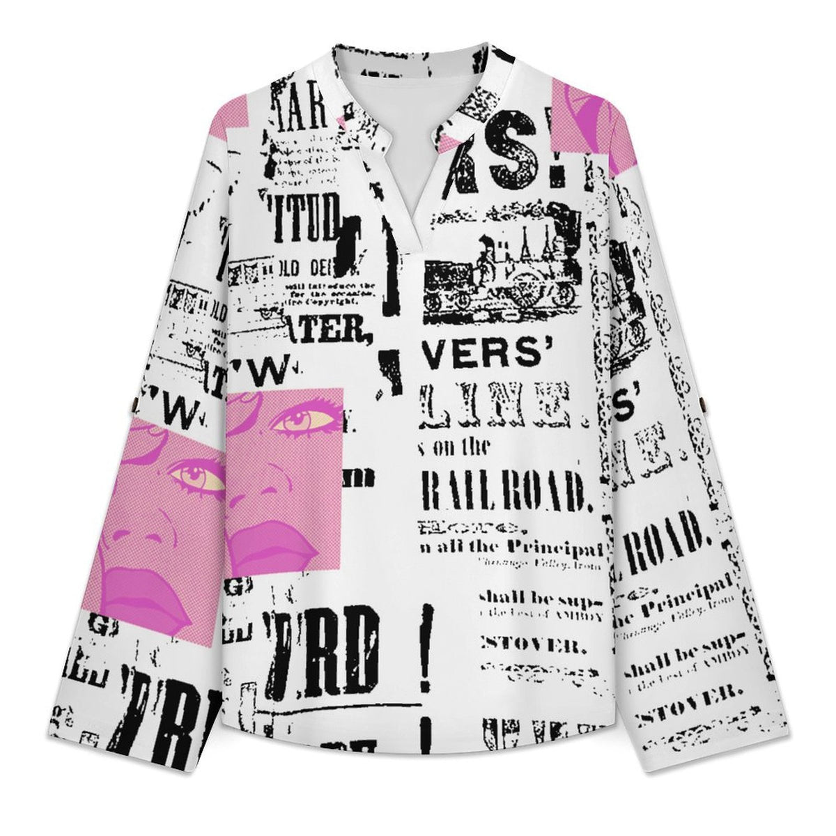 Stand-up Collar Long-sleeved Shirt Newspaper Vintage Dress white S Women’s V-Neck Blouses